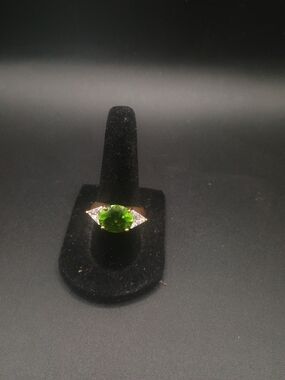 Peridot With Cubic Zirconia On Sterling Vermiel Ring, Size 8.25